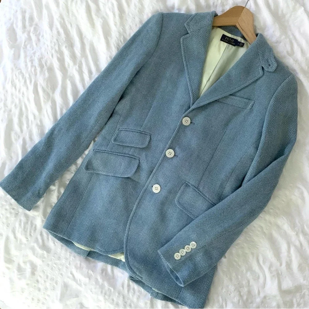 New Polo Ralph Lauren Blazer Blue Herringbone Linen Silk - Picture 3 of 16